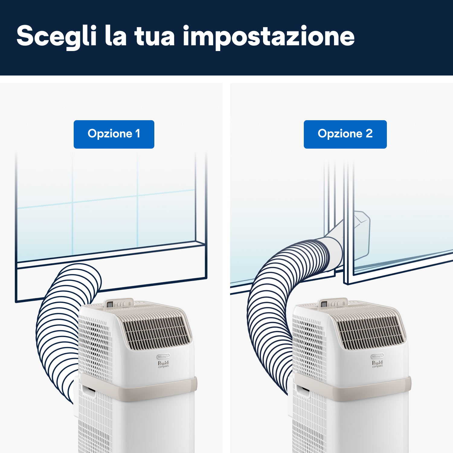 Illustrazione di due opzioni di configurazione per un deumidificatore, con collegamenti flessibili a una finestra.