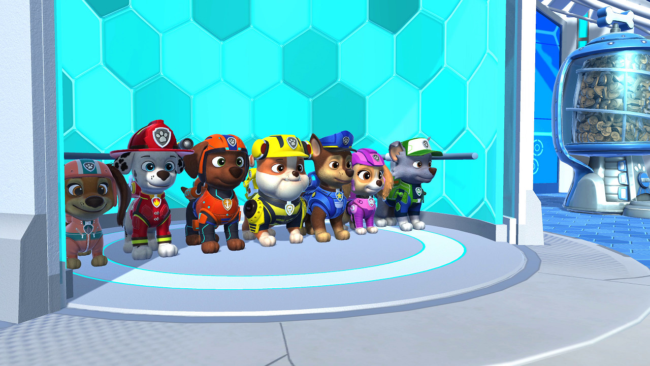 Das Paw Patrol-Team steht in einer Reihe. Sie tragen ihre Uniformen in einem futuristisch aussehenden Raum.