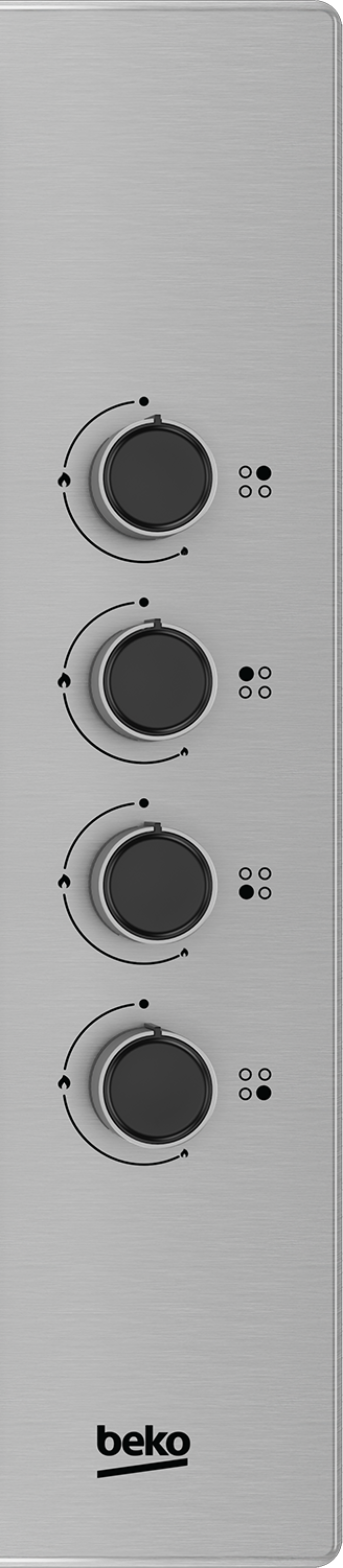 Panel de control con cuatro diales, superficie plateada y logo Beko.