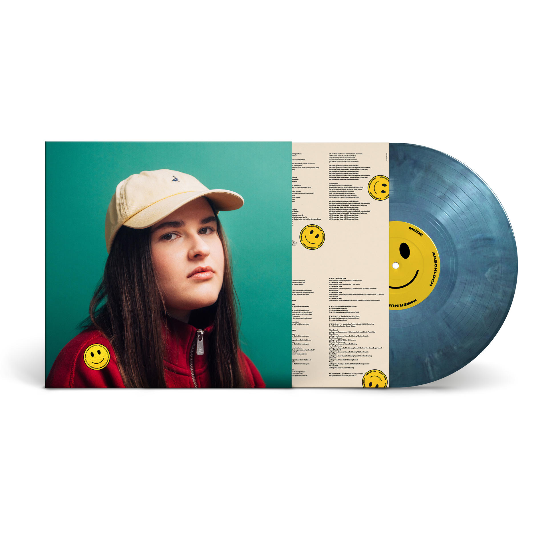 Albumcover mit Frau mit Kappe, Vinyl-Schallplatte rechts.