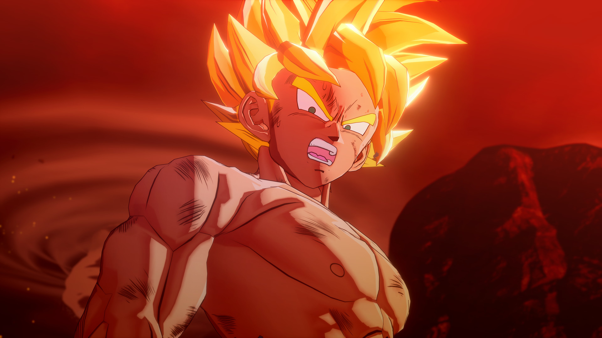 Anime-Figur mit gelben Haaren in Action-Pose vor rotem Hintergrund.