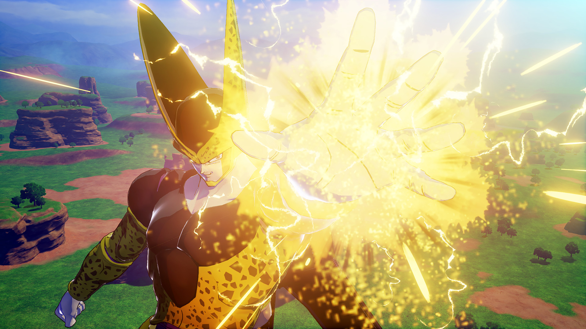 Cell-Charakter aus Dragon Ball Z, der einen Energiestrahl abfeuert, gelbes Licht und grüne Landschaft.