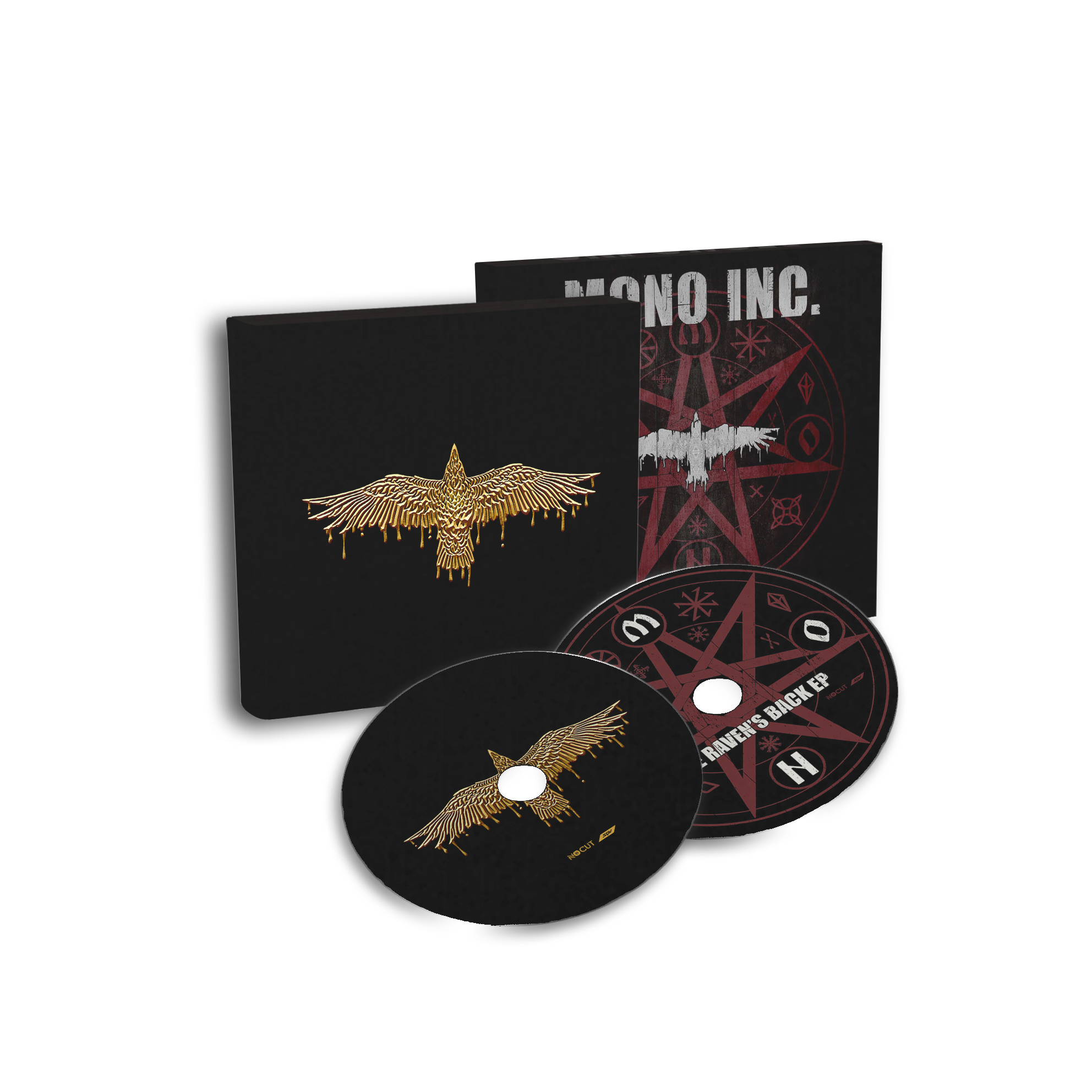 Ein schwarzes Box-Set und zwei schwarze CDs mit goldenen Designs auf einer weißen Oberfläche.