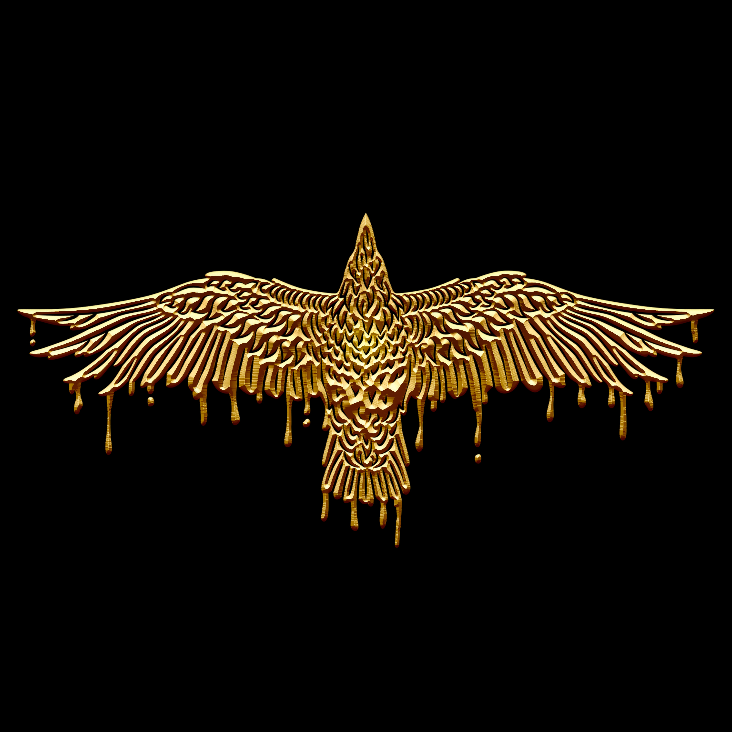 Goldene Rabensilhouette mit Tropfeneffekt auf schwarzem Hintergrund.