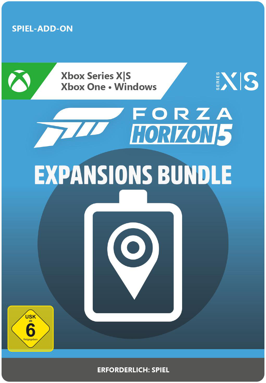 Forza Horizon 5: Expansions Bundle Spielcover. Das Cover ist blau mit weißem Text und Grafiken. Ein Spielelogo ist sichtbar.