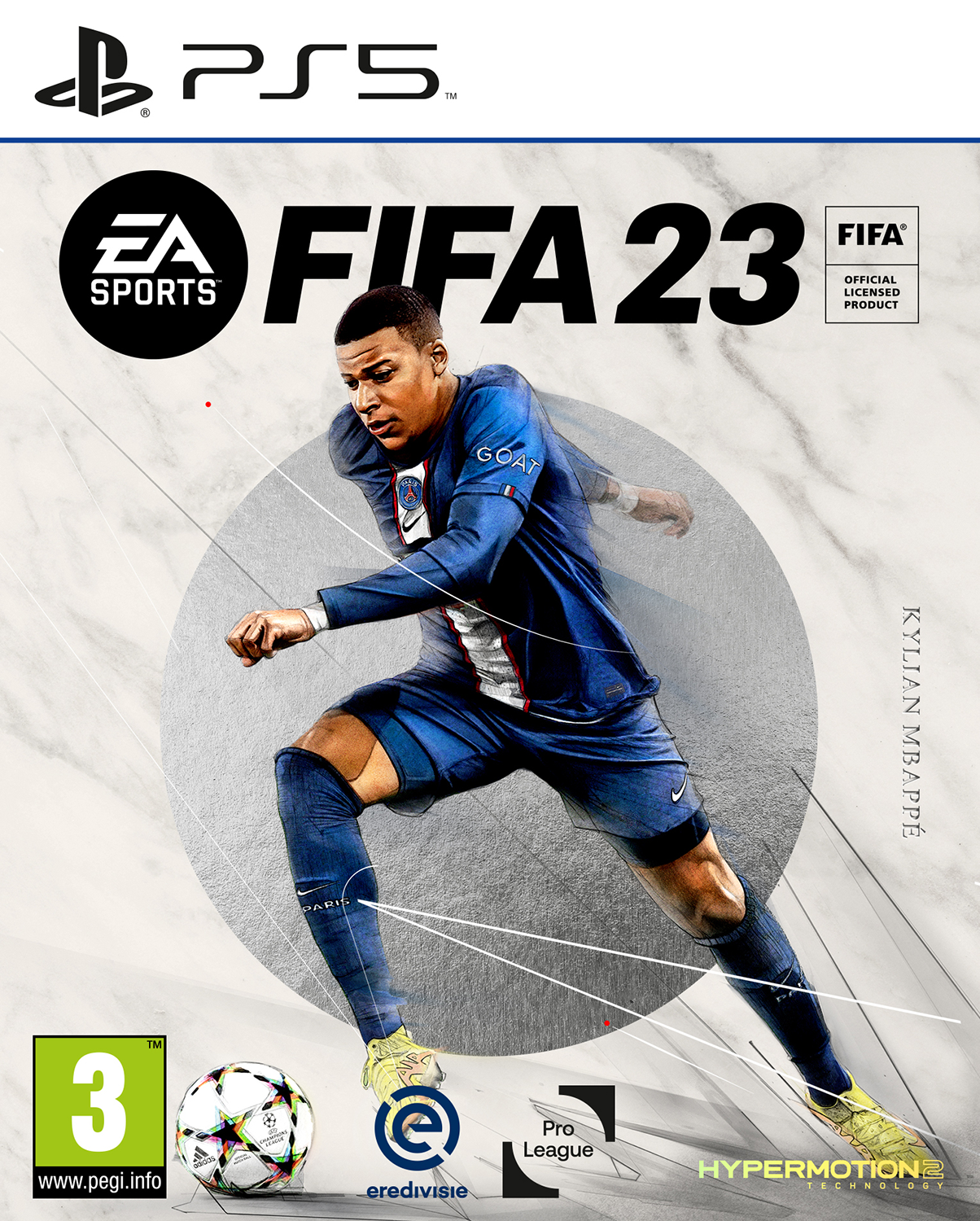De cover van FIFA 23 toont een voetballer in blauw, rennend, met tekst.
