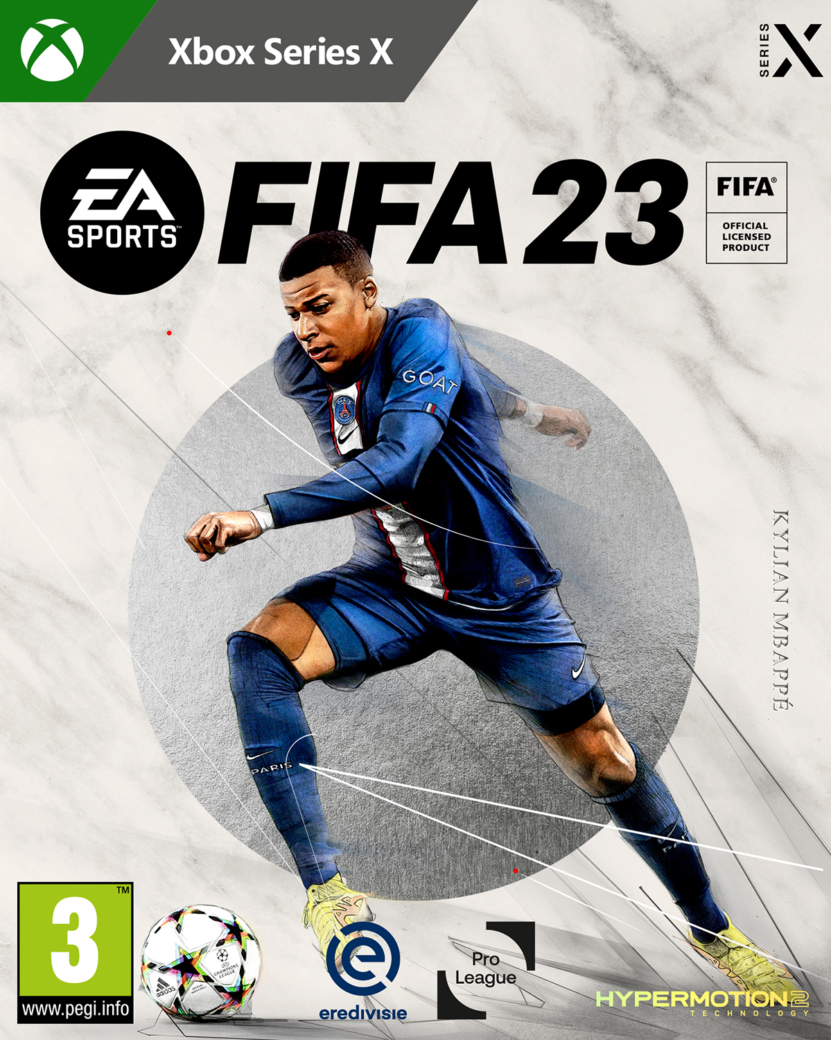 FIFA 23 game cover met Kylian Mbappé in een blauw tenue.