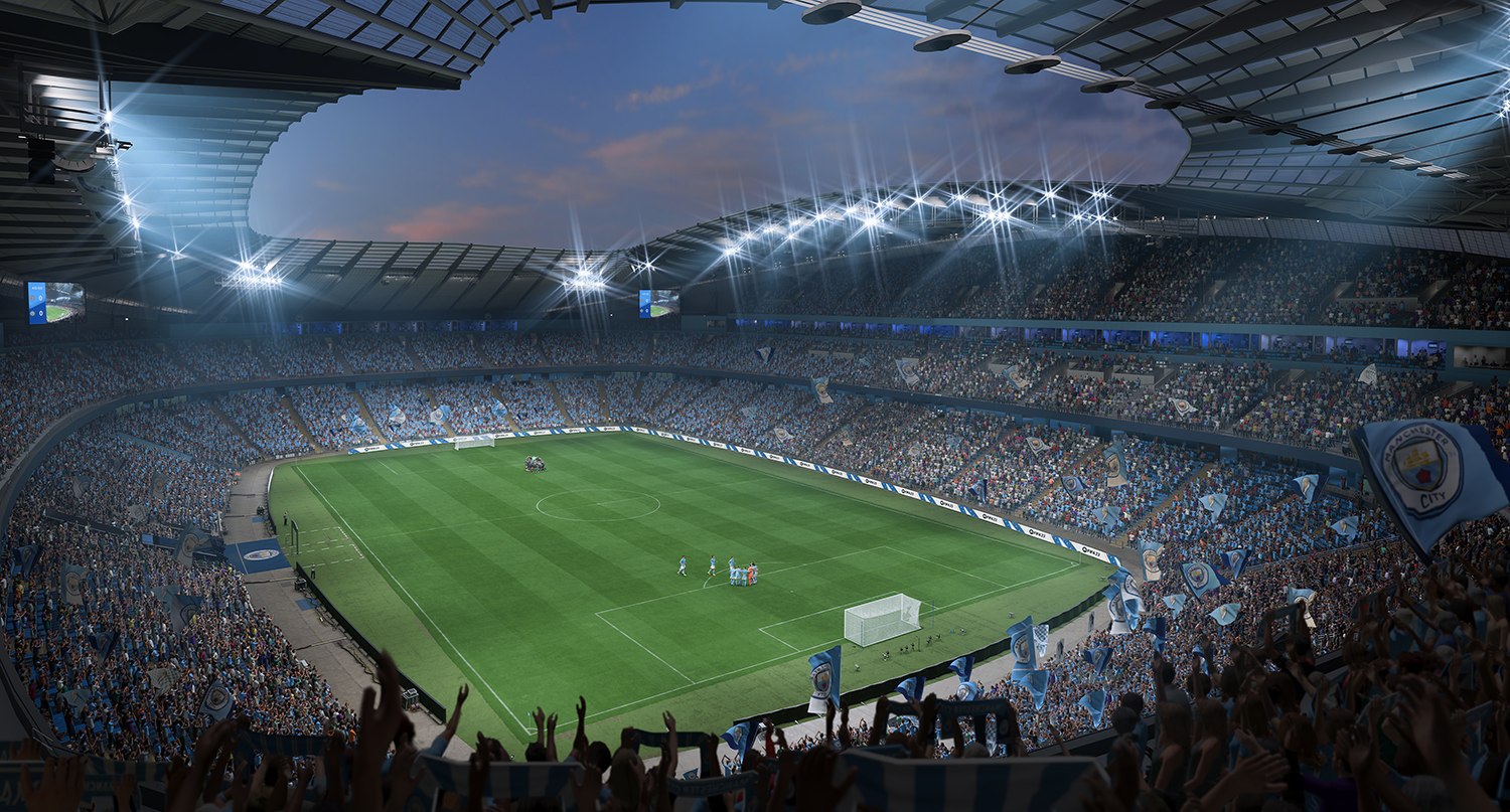Een stadion met een groen veld is gevuld met fans. De lucht is blauw. De schijnwerpers staan aan.
