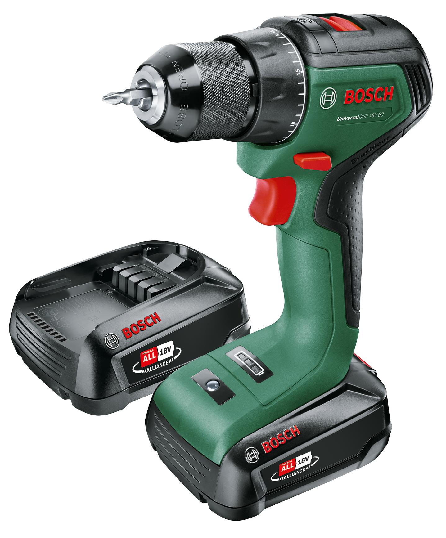 BOSCH UniversalDrill Akkumulátoros fúrócsavarozó, 18V, akkuval és töltővel (2x2,0Ah) (06039D7002)