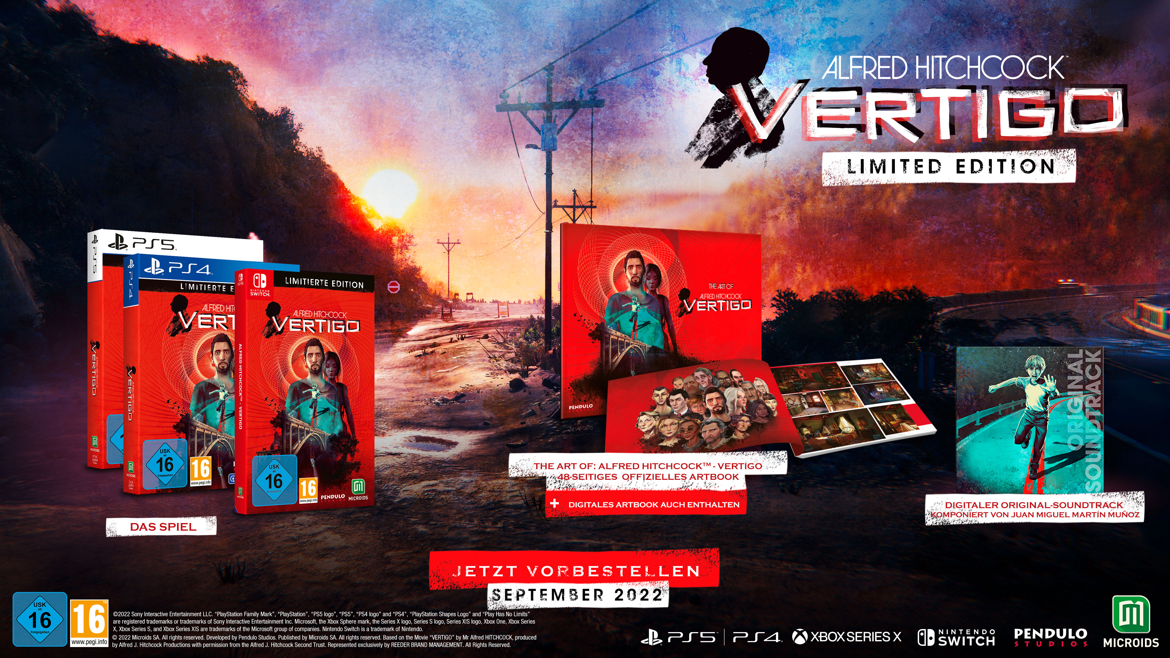 Alfred Hitchcocks Vertigo-Spielbox-Art, mit Spielhüllen, Buch und Disc auf rotem Hintergrund.