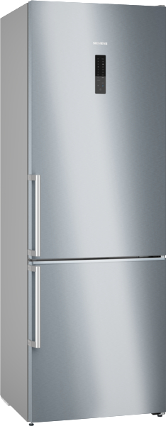 Silberner Siemens Kühlschrank mit unterem Gefrierfach. Dunkles Display und zwei Griffe an den Türen.