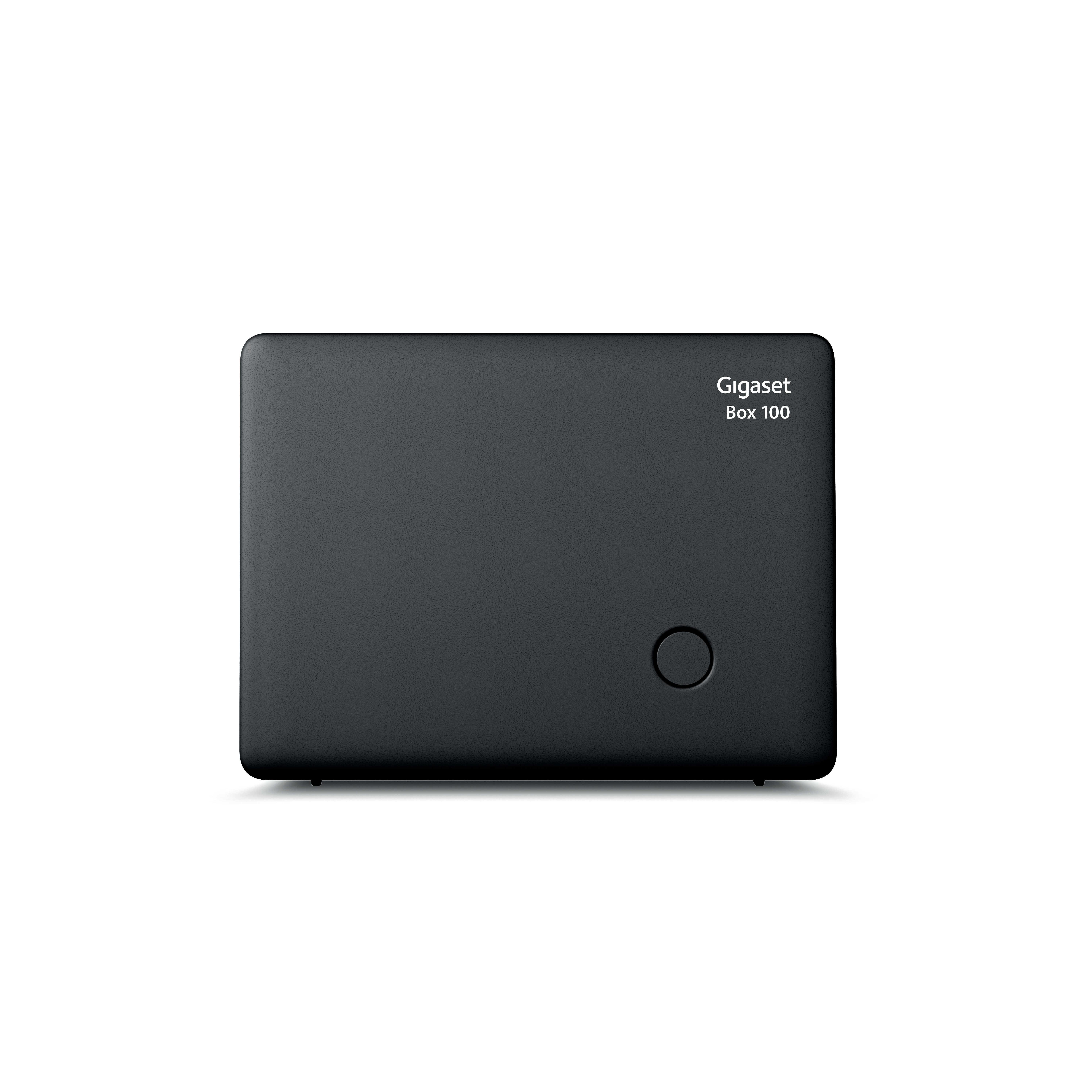 Schwarzer Gigaset Box 100 Router auf weißem Hintergrund.