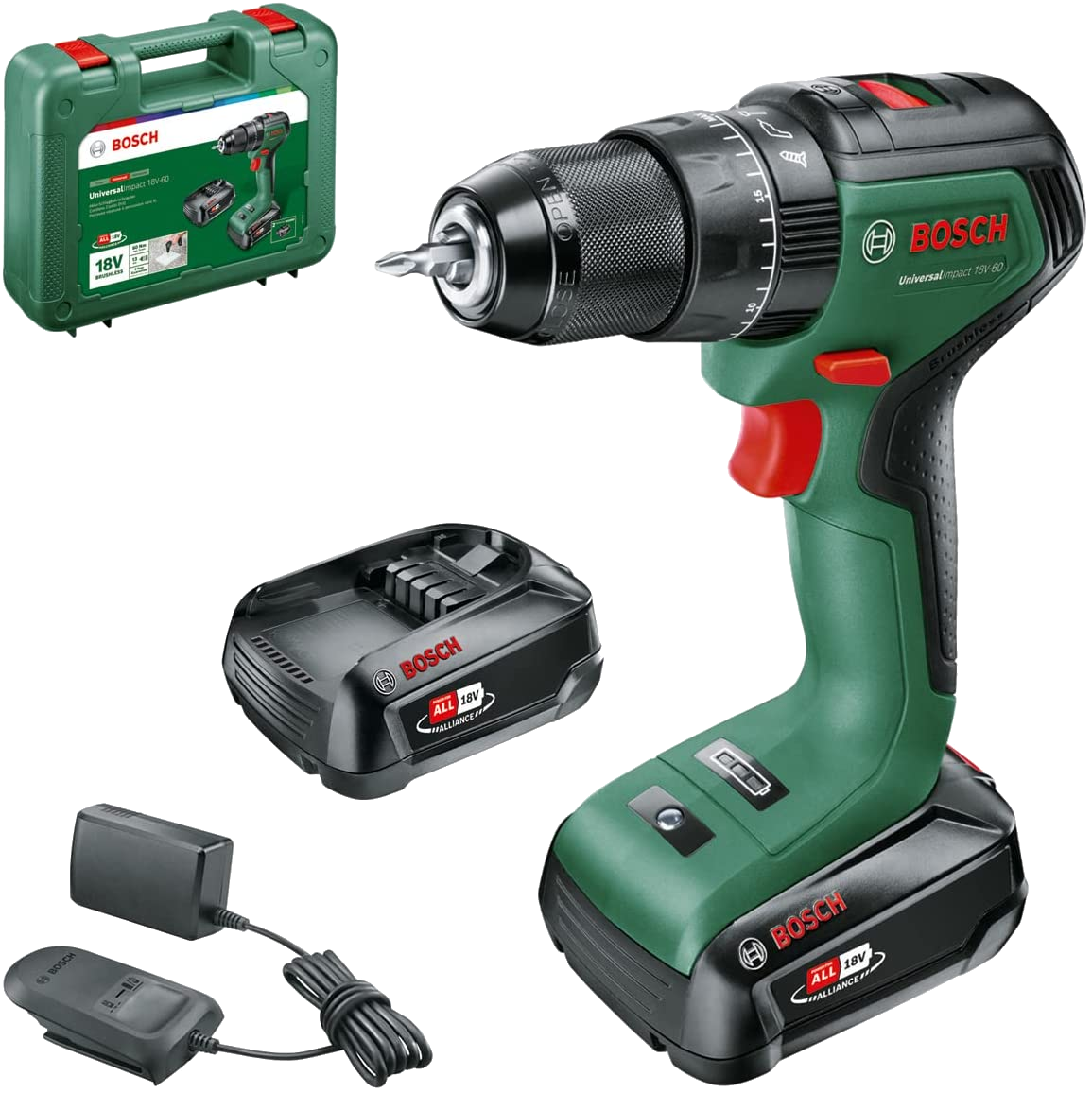 BOSCH UniversalImpact Akkumulátoros ütvefúró-csavarozógép, 18V, akkuval és töltővel (2x2,0Ah) (06039D7102)