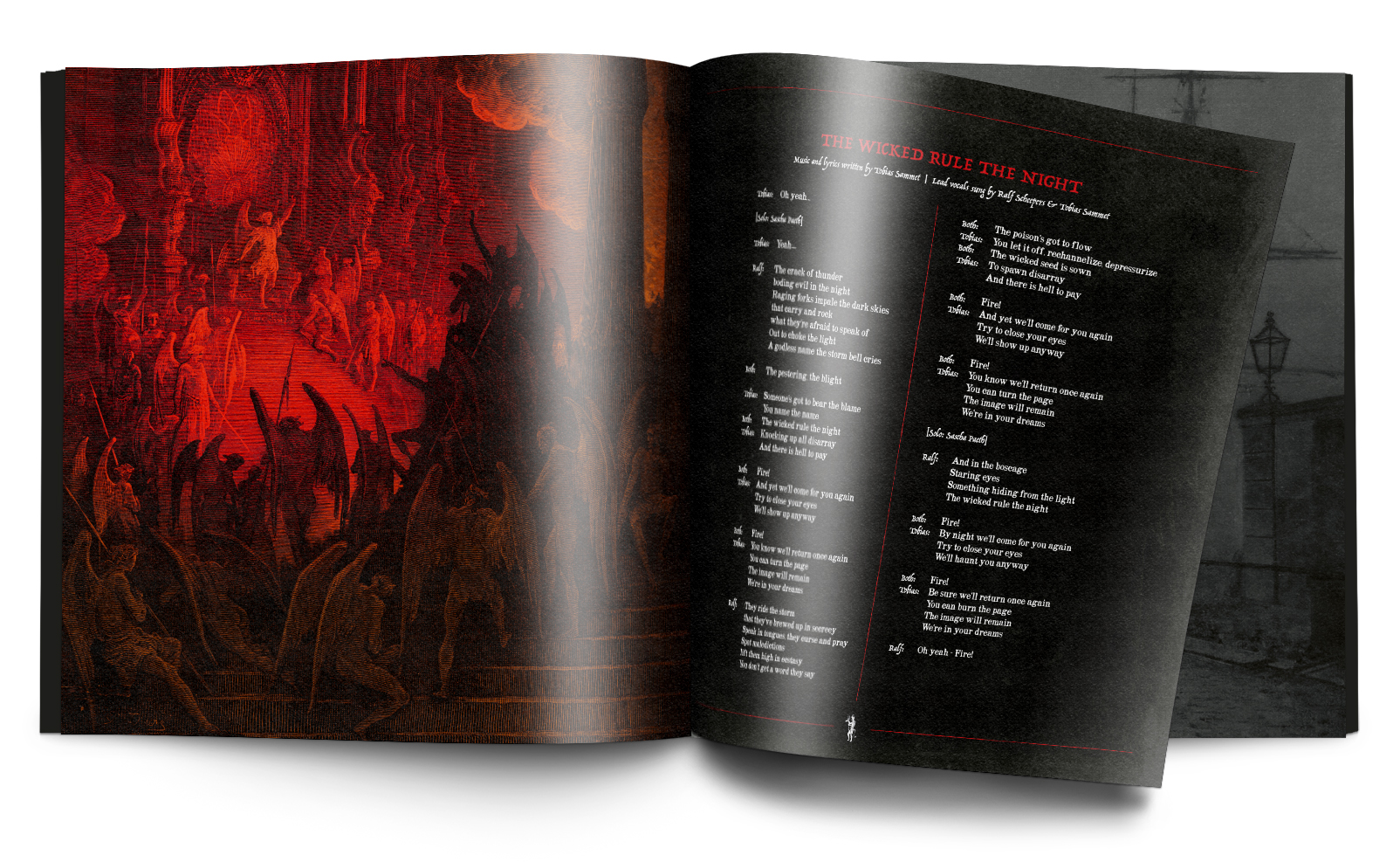 Offenes Buch mit Texten und Illustrationen. Text sagt "The Wicked Rule the Night".