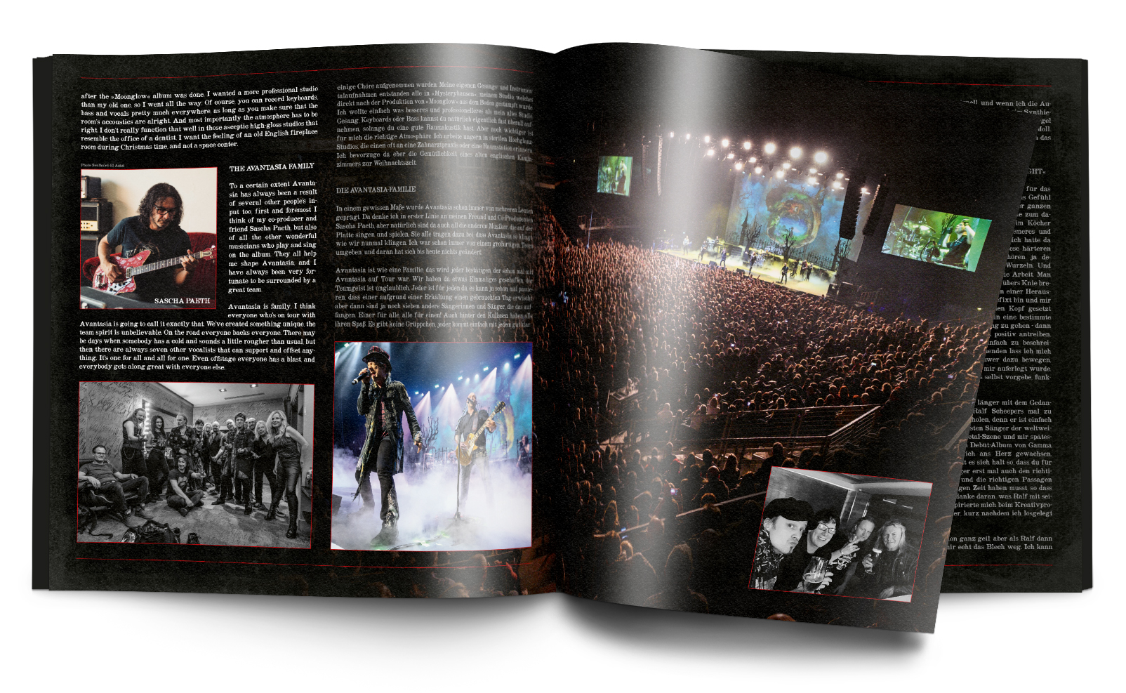 Doppelseite eines Magazins mit Konzertfotos, Künstlerfotos und Text, im Hintergrund eine Menschenmenge.