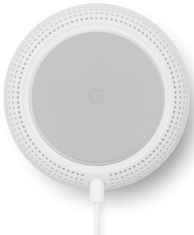 Appareil Google Nest blanc. Design circulaire avec centre gris. Cordon d'alimentation vers le bas.