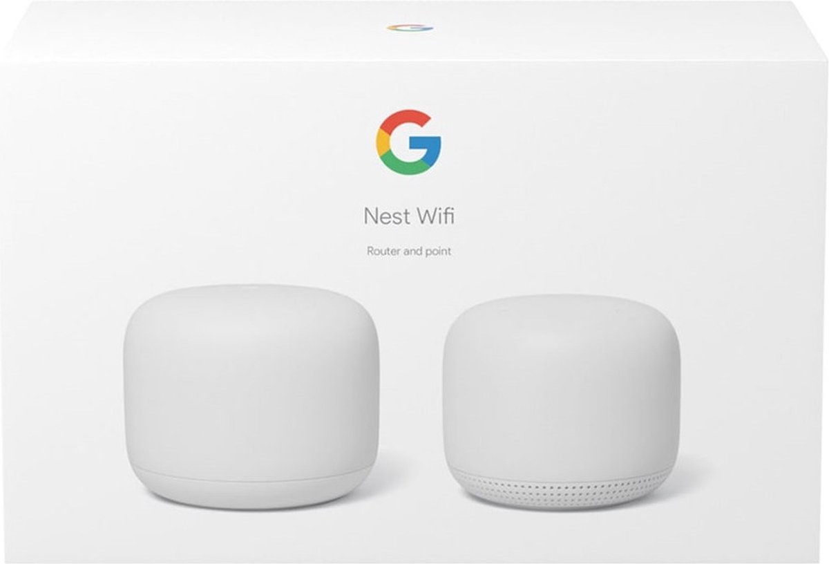 Boîte blanche Nest Wifi avec logo Google, vue de face.
