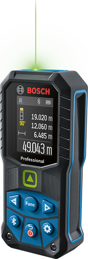 Bosch lézeres távolságmérő zöld lézersugárral és digitális kijelzővel.