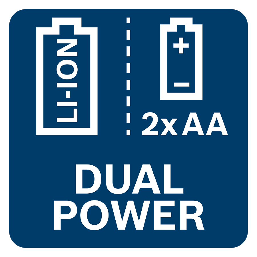Egy kék négyzet a 'DUAL POWER' szöveggel és Li-Ion és 2xAA akkumulátorok ikonjaival.