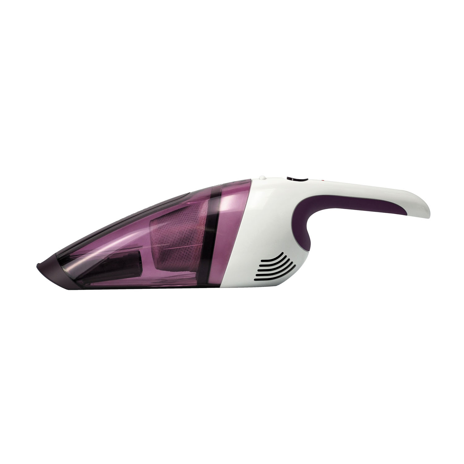 Un aspirapolvere portatile bianco e viola, visto lateralmente.
