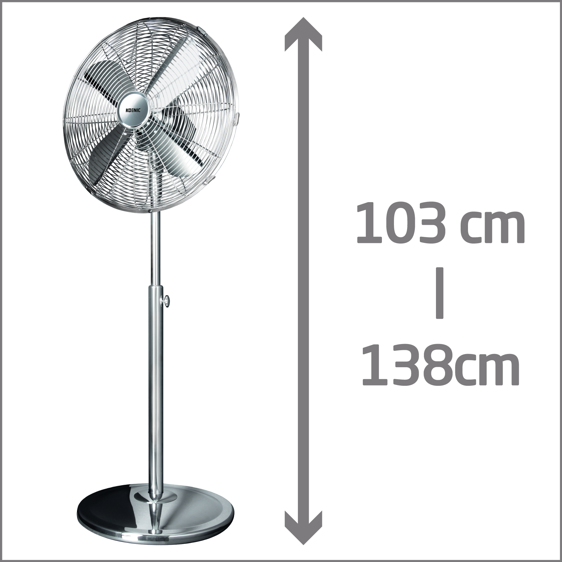 Ezüst álló ventilátor, 103cm és 138cm között mérve.