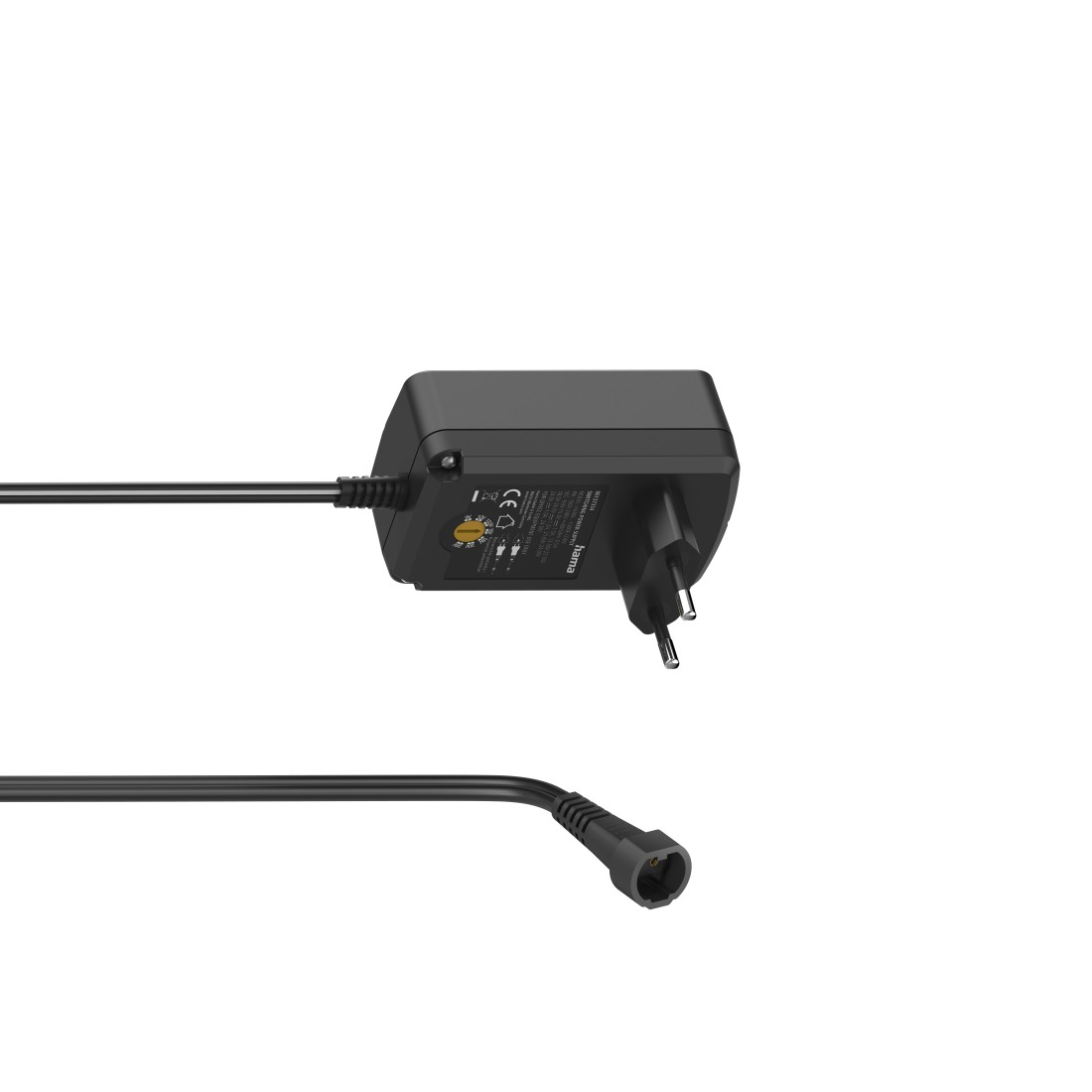 Ein schwarzer Netzadapter mit Kabel und Stecker vor weißem Hintergrund.