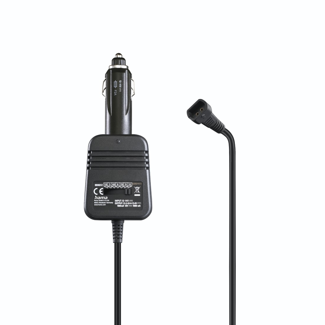 Schwarzes Autoladegerät mit Kabel und separatem Stecker auf weißem Hintergrund.