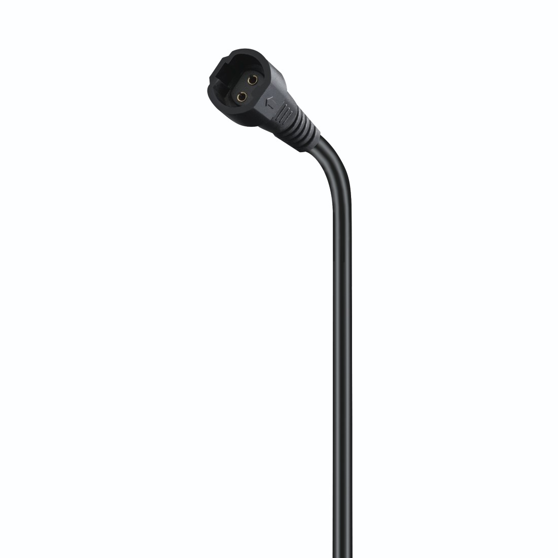 Schwarzes Netzkabel mit zweipoligem Stecker, abgewinkelt und isoliert.