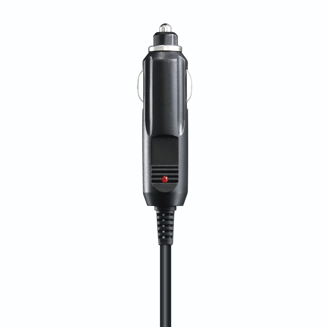 Schwarzes Autoladegerät mit rotem Licht und Kabel.