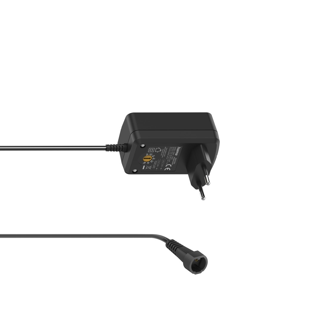 Schwarzes Netzteil mit Stecker und Anschlusskabel, isoliert auf weißem Hintergrund.
