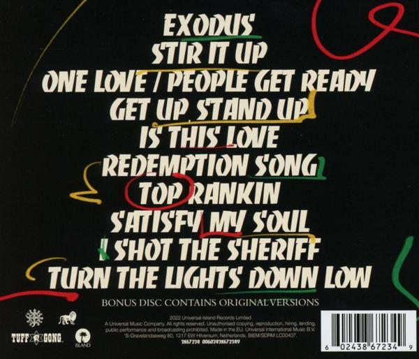 Exodus Albumcover mit Titeln in verschiedenen Farben auf schwarzem Hintergrund.