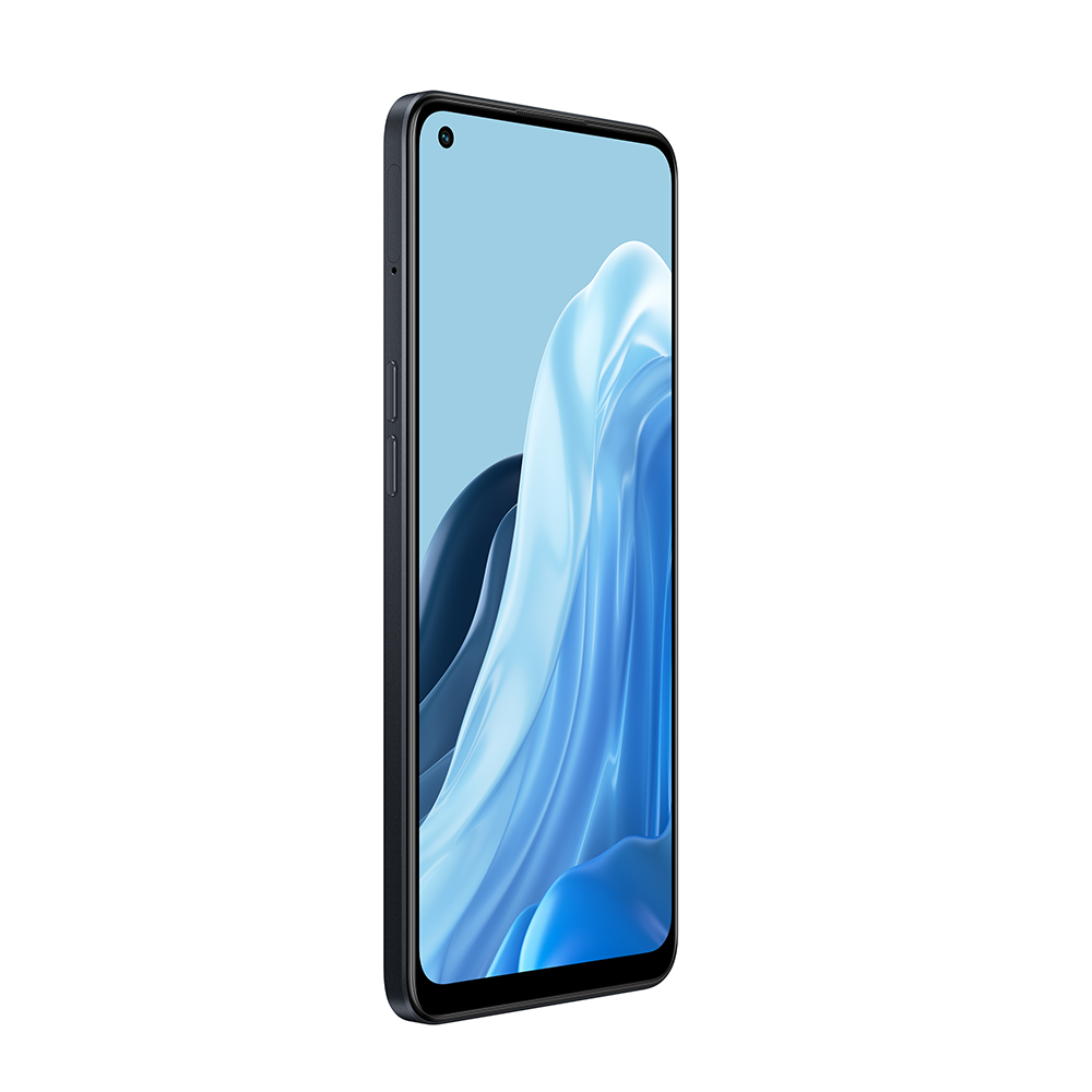 Mavi ve beyaz soyut şekiller gösteren bir ekranı olan siyah bir akıllı telefon.