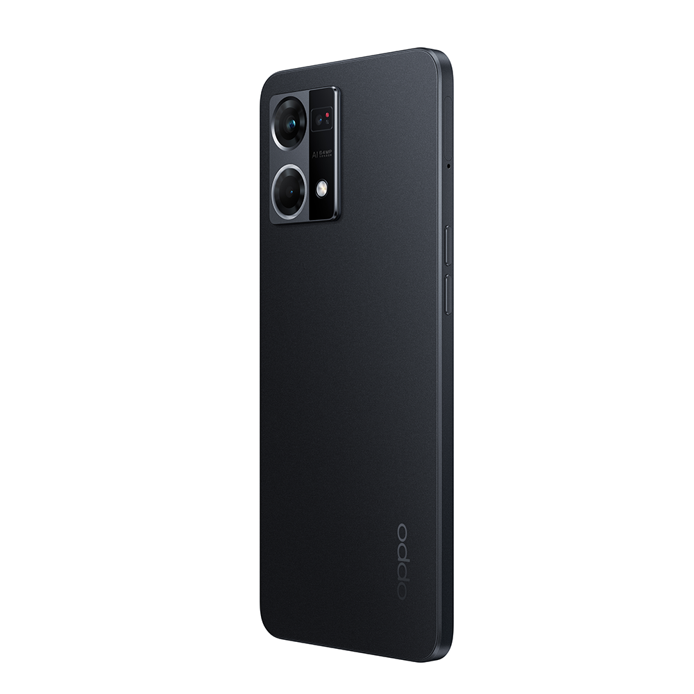 Siyah akıllı telefon, arka görünüm, kameralar ve Oppo logosu beyaz bir arka plan üzerinde.