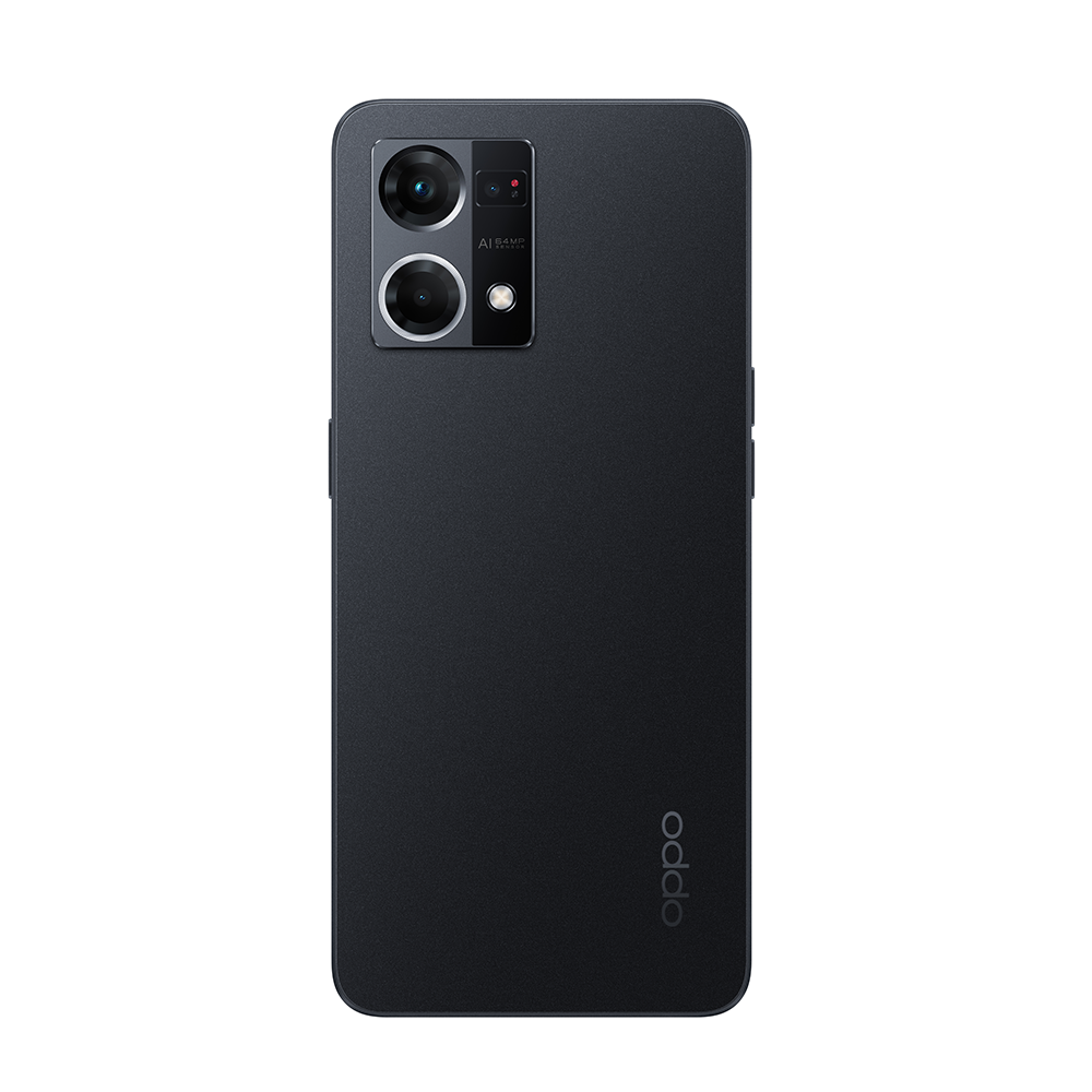 Çift kameralı ve logolu siyah Oppo telefonu.