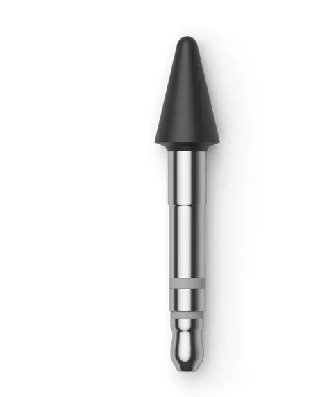 Ein schwarzer Apple Pencil-Stiftaufsatz auf einem silbernen 3,5-mm-Stecker.