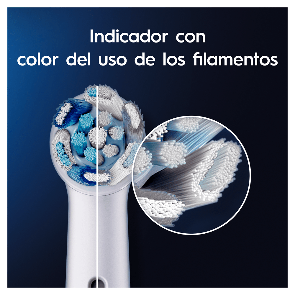 Cabezal de cepillo de dientes eléctrico, primer plano. Muestra el cambio de color de las cerdas. Texto informativo arriba.