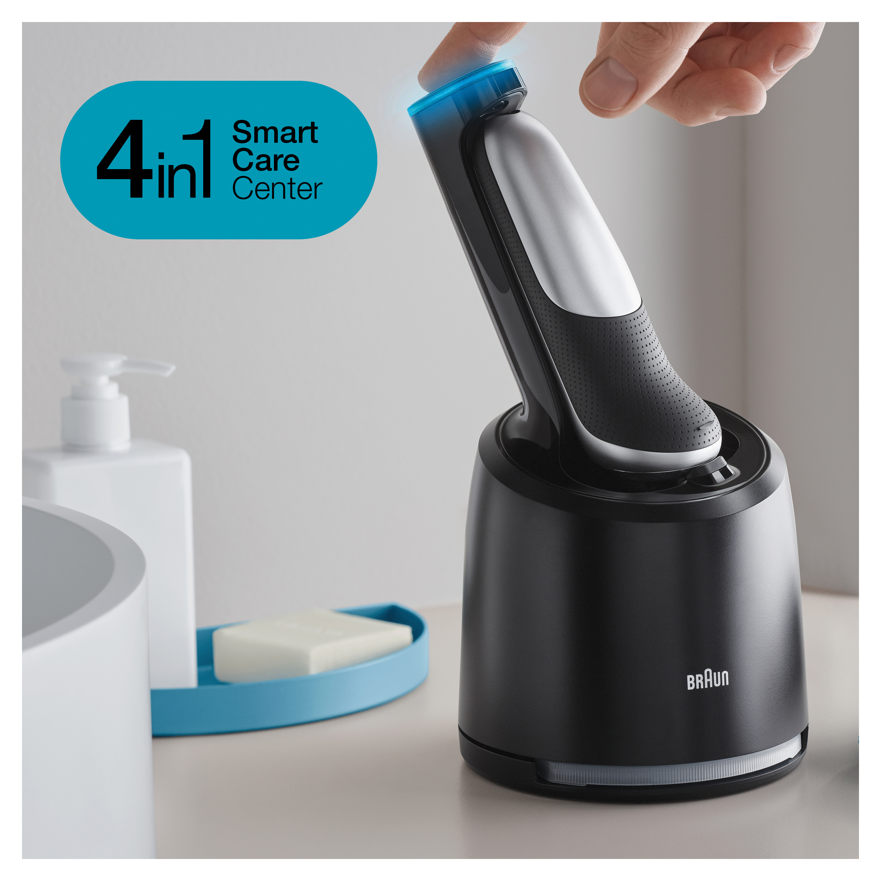 Black Braun shaver on its stand with 4 in 1 Smart Care Center icon, set on bathroom counter.