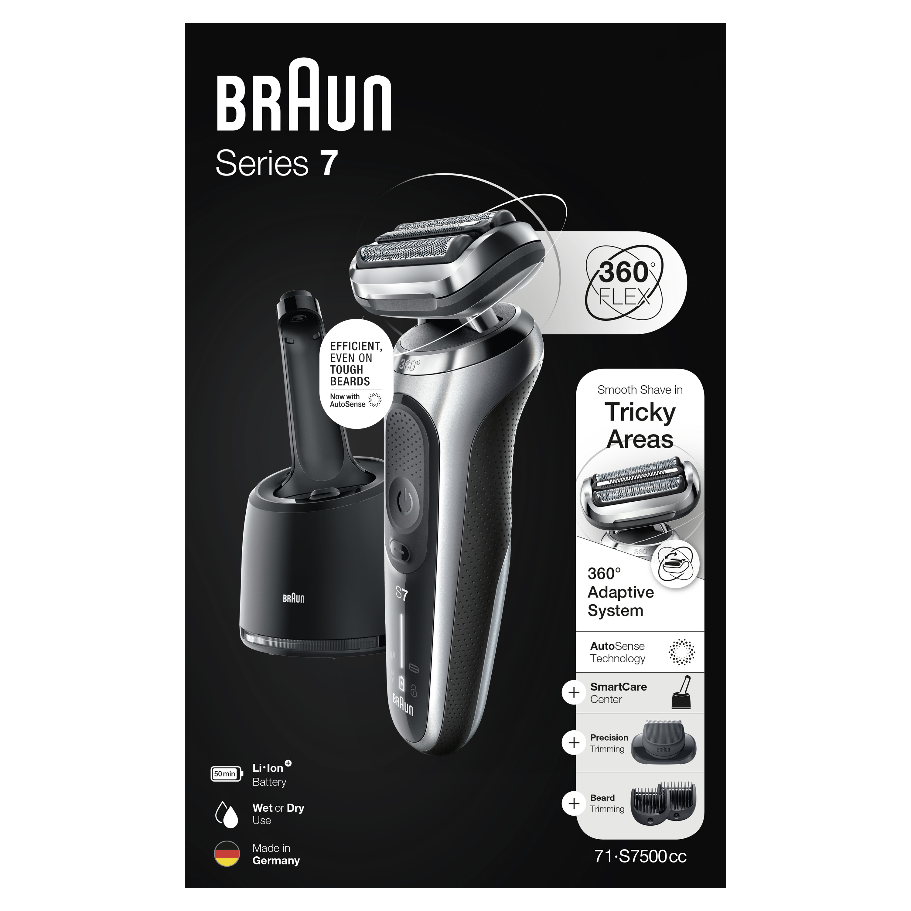Braun Series 7 shaver, black and silver. The background is white.