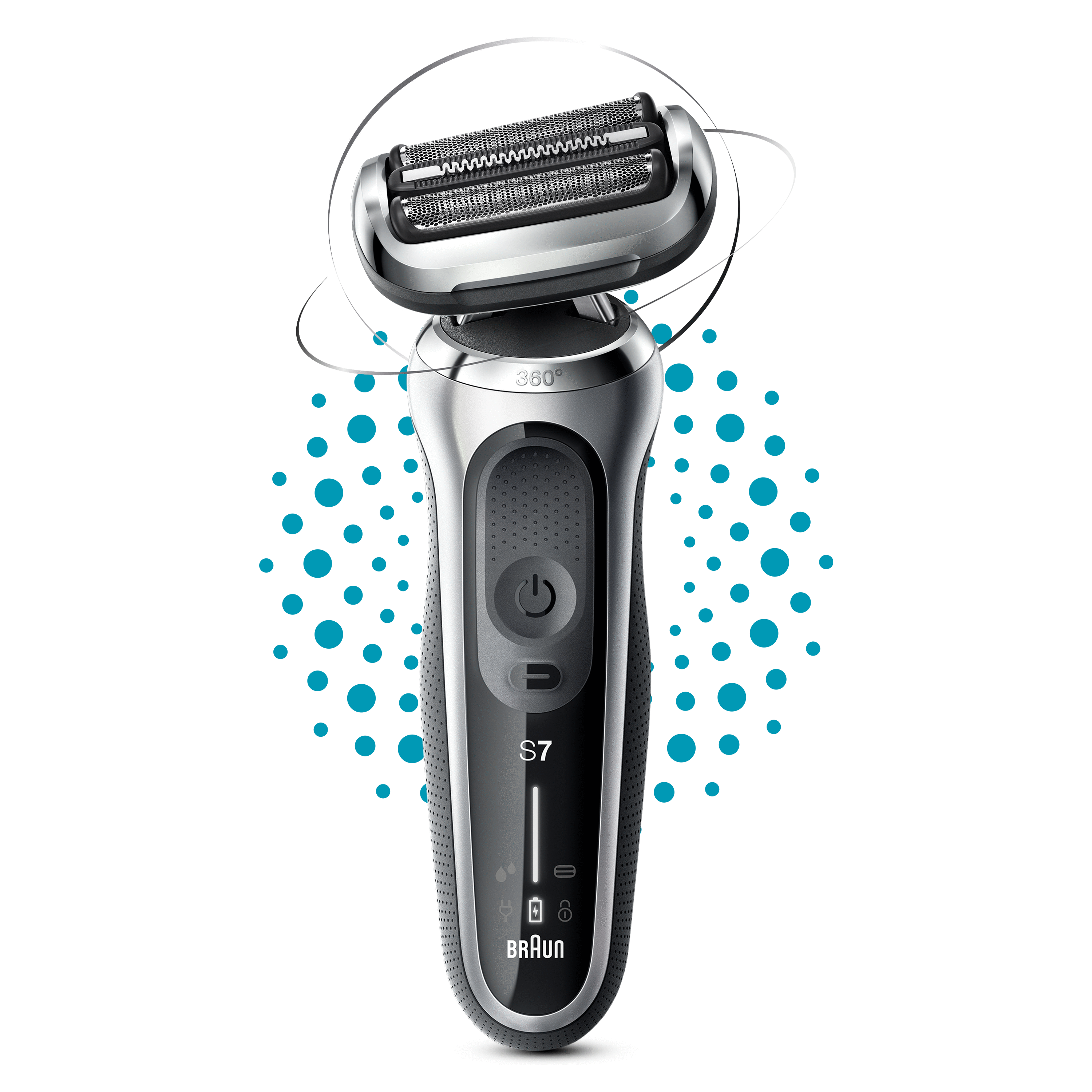 Silver and black Braun Series 7 shaver, top part detached, floating in mid-air.