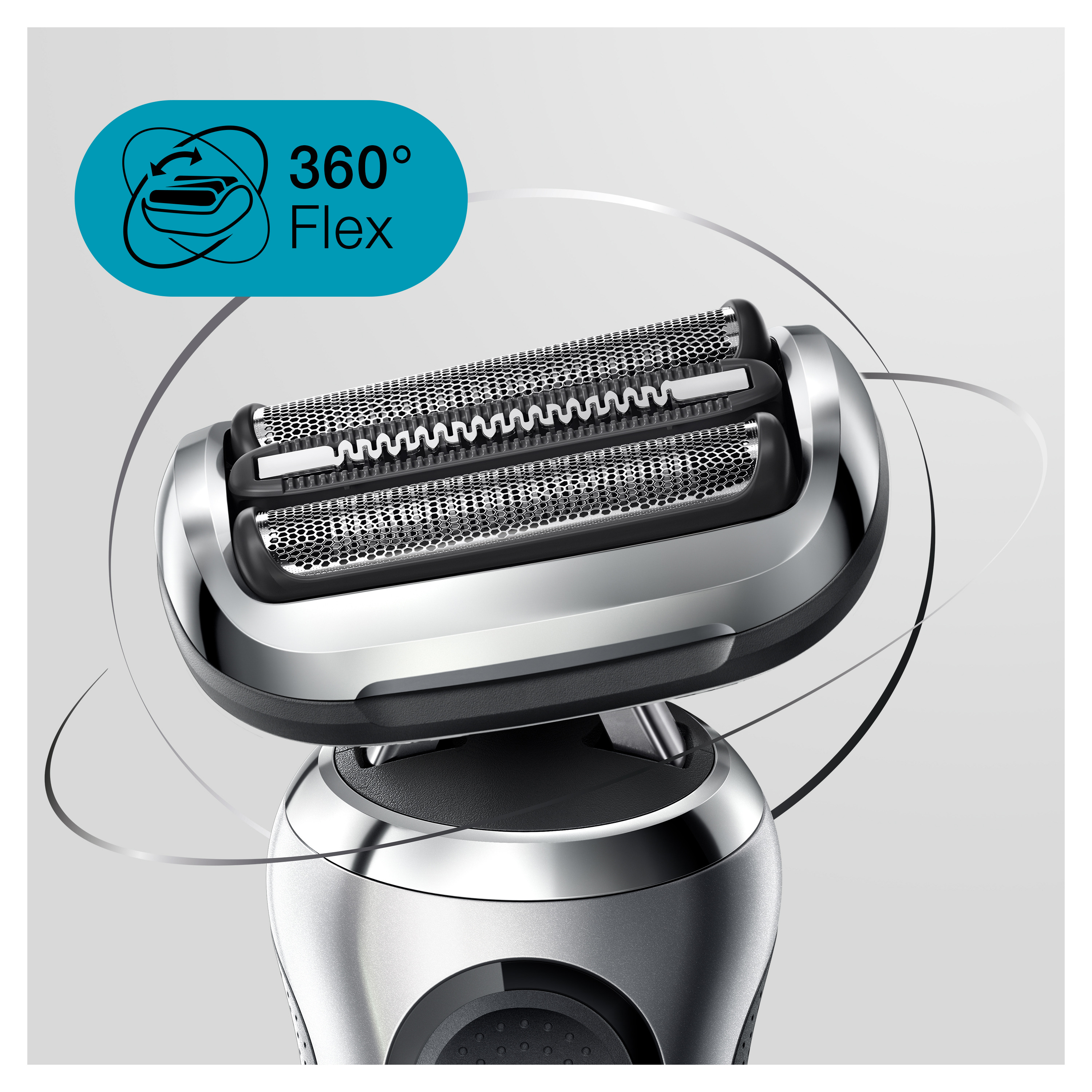 Close-up of a silver electric shaver head. It has two mesh foil blades and the text "360° Flex".
