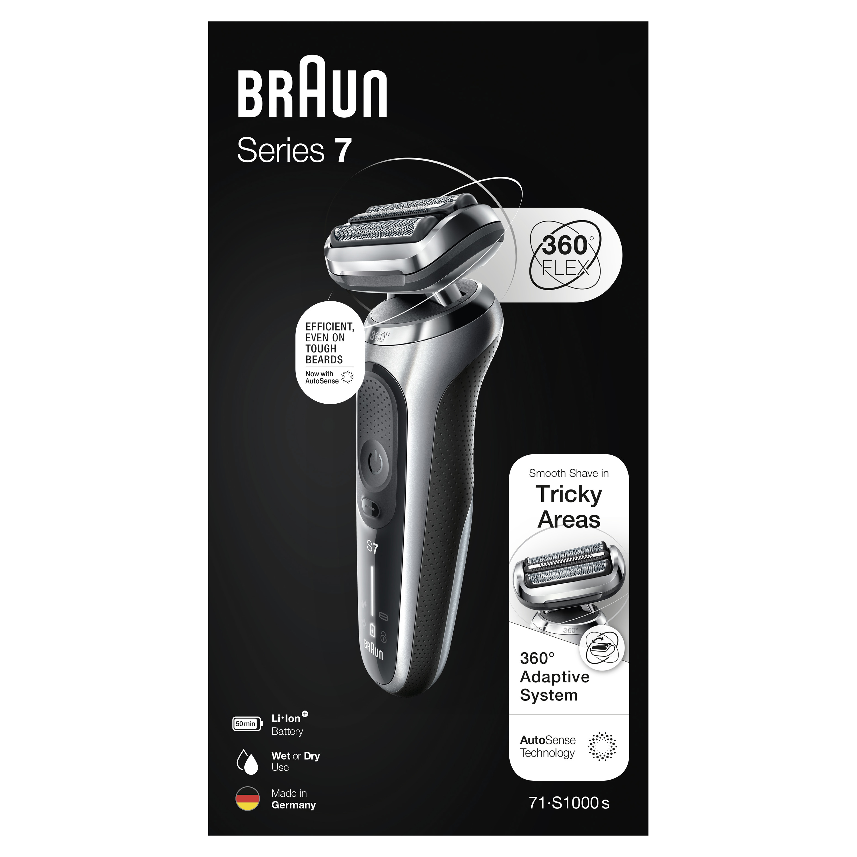 Braun Series 7 electric shaver with details about its features and the brand.