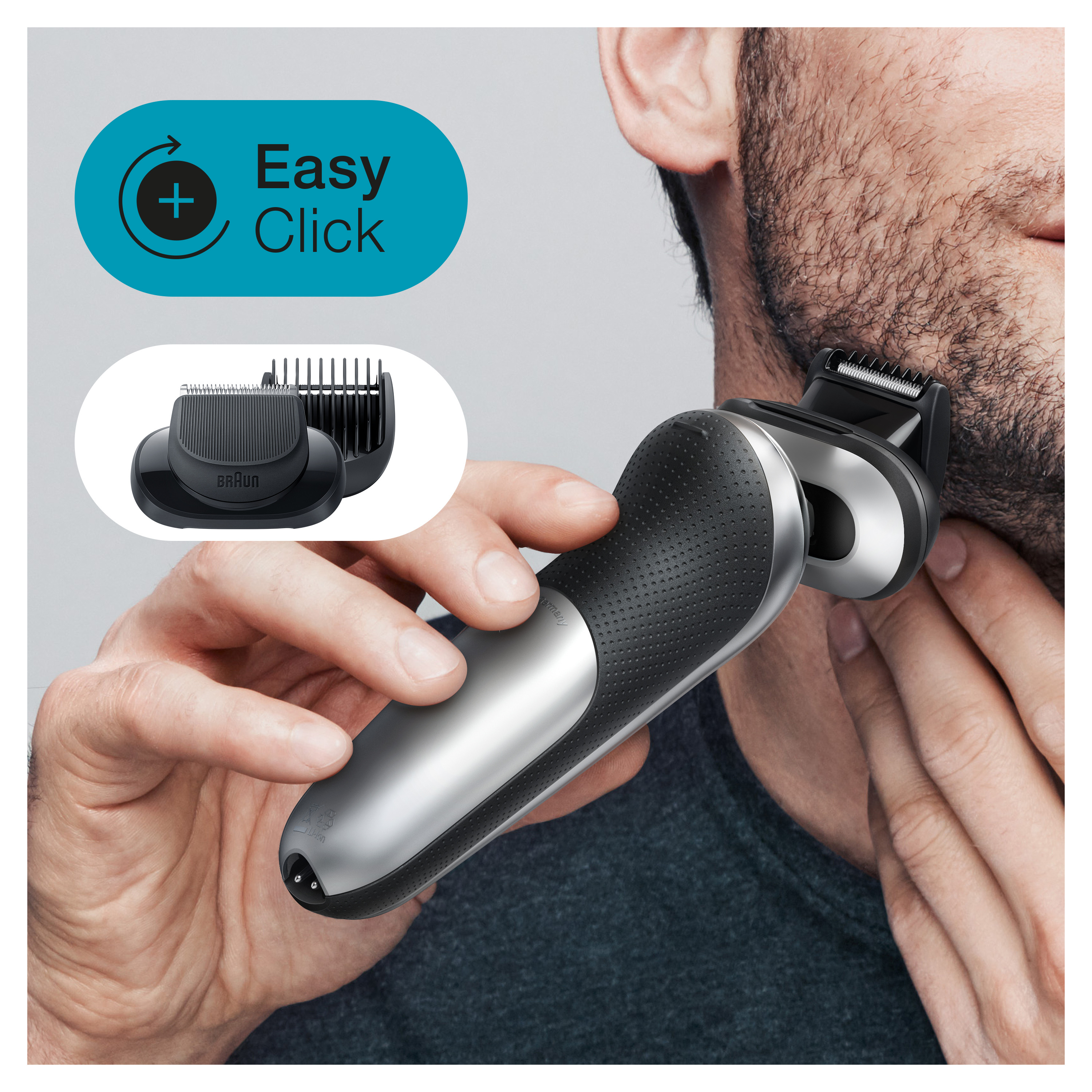 A man shaves with a silver and black Braun shaver. An inset shows shaving heads.