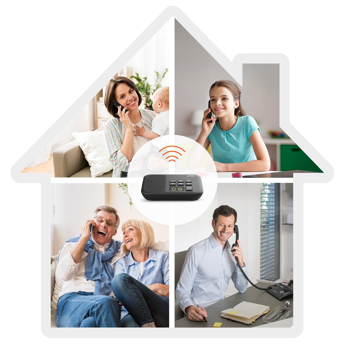 Eine Hausillustration mit vier Szenen von Personen, die am Telefon sprechen und ein zentrales Gerät verwenden.
