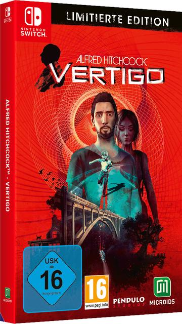 Spielbox für Alfred Hitchcocks Vertigo, mit Mann und Frau auf dem Cover, roter Hintergrund.