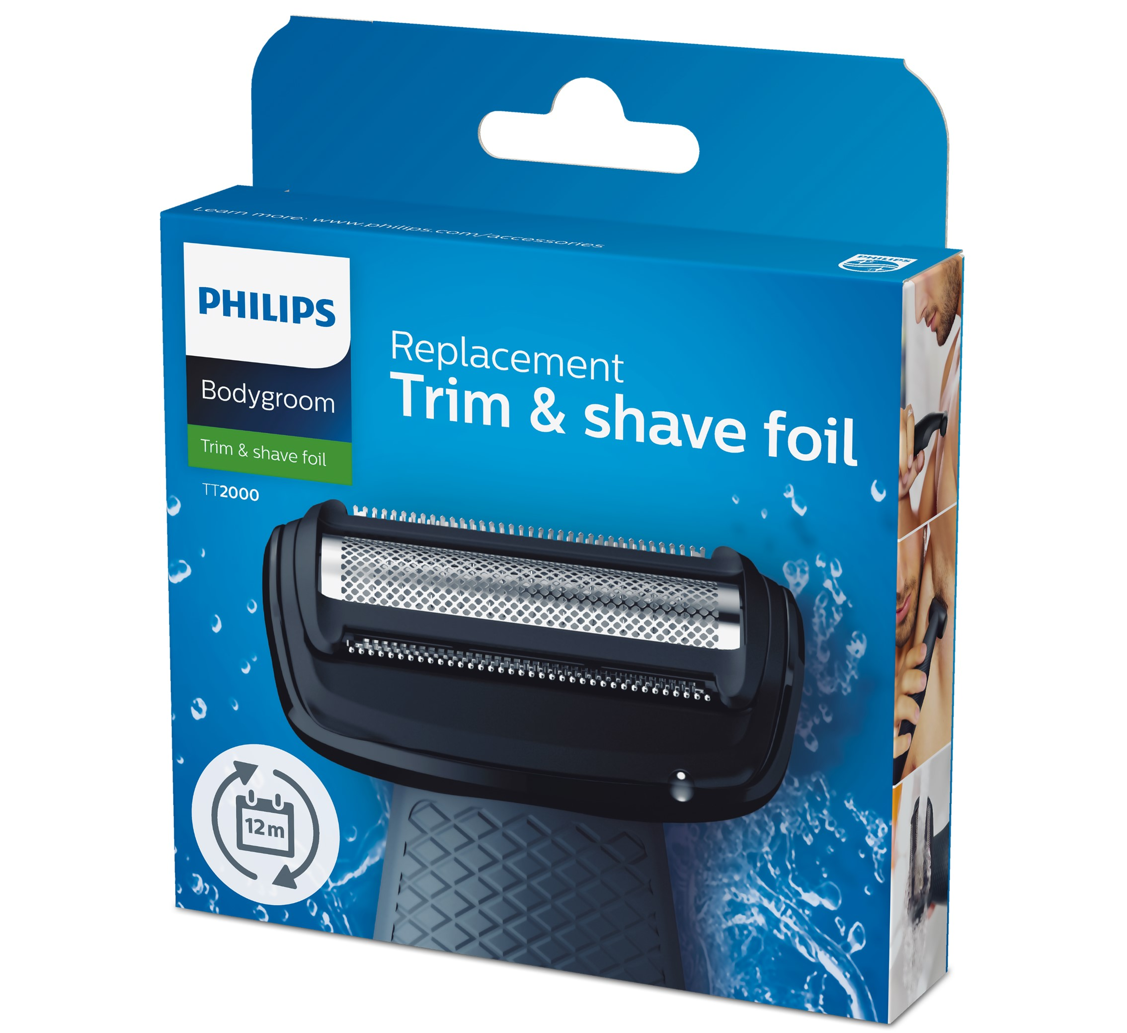 Una caja azul que muestra una lámina de recorte y afeitado de repuesto para un Philips Bodygroom.