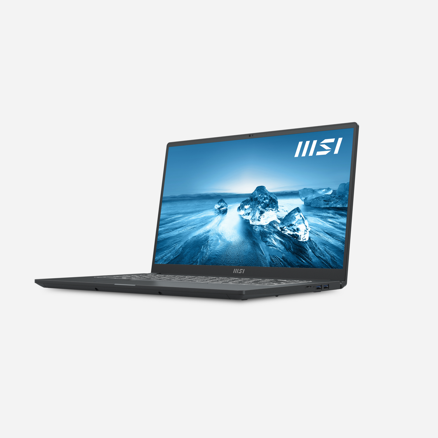 Portátil MSI abierto, mostrando una imagen de paisaje en la pantalla, fondo blanco.