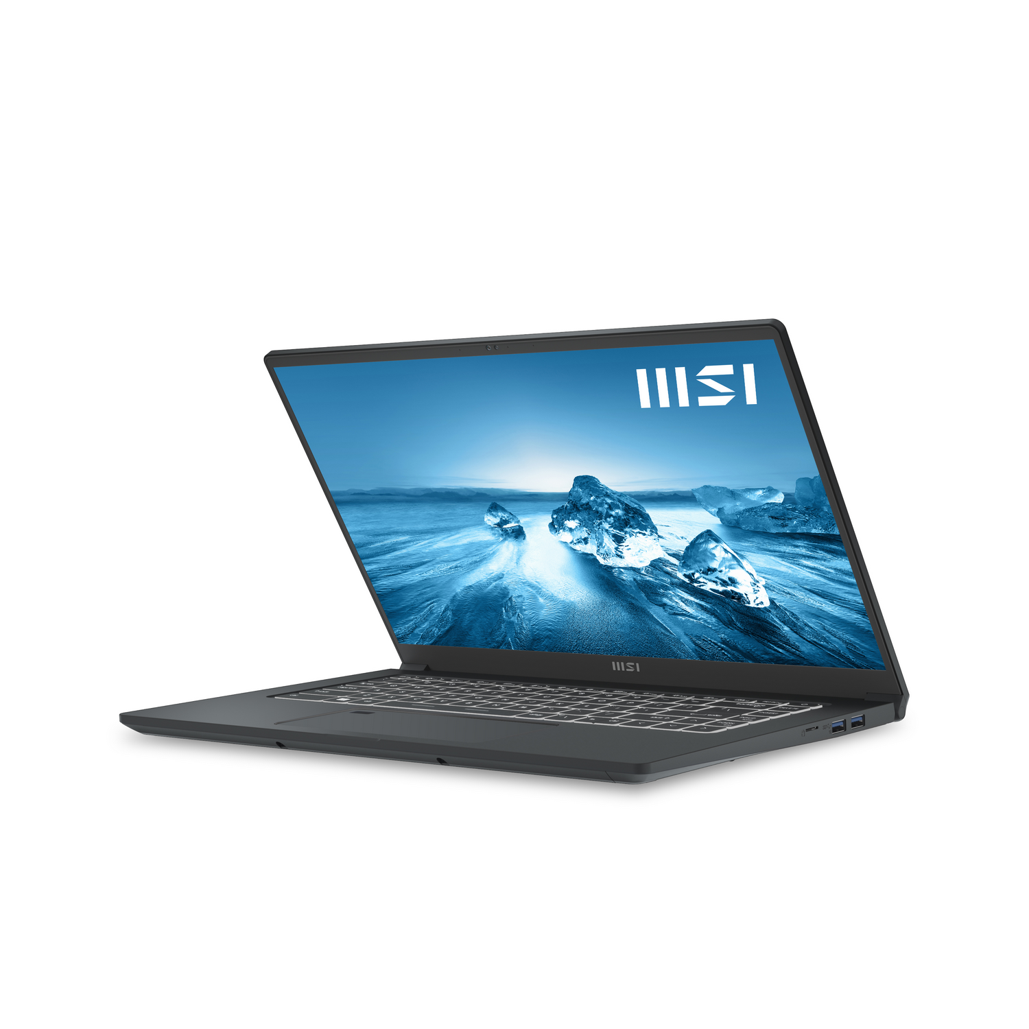 Laptop MSI sobre fondo blanco. Pantalla muestra un paisaje azul helado. Abierto en ángulo.