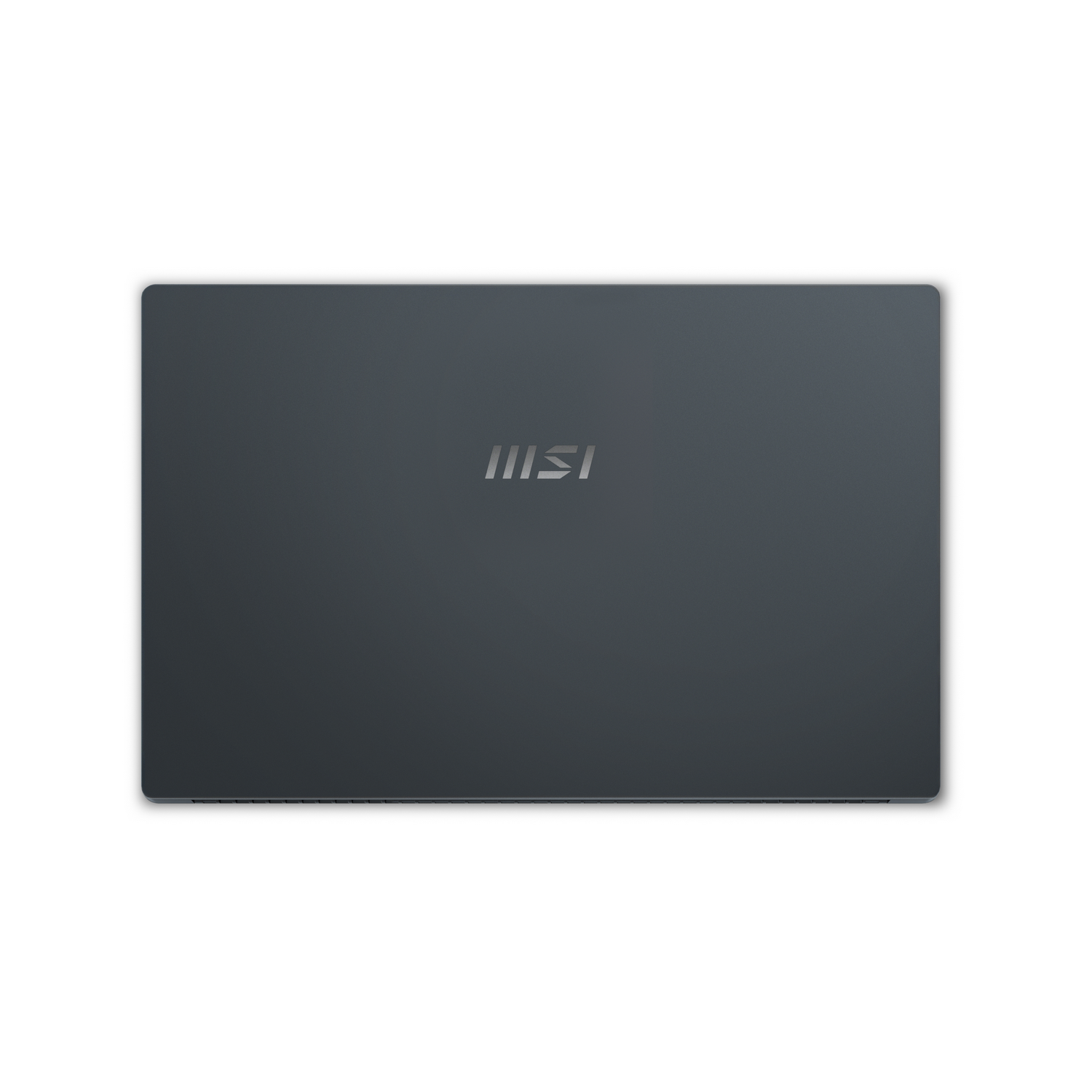Vista superior de un portátil gris oscuro con el logotipo de MSI en el centro, sobre un fondo blanco.