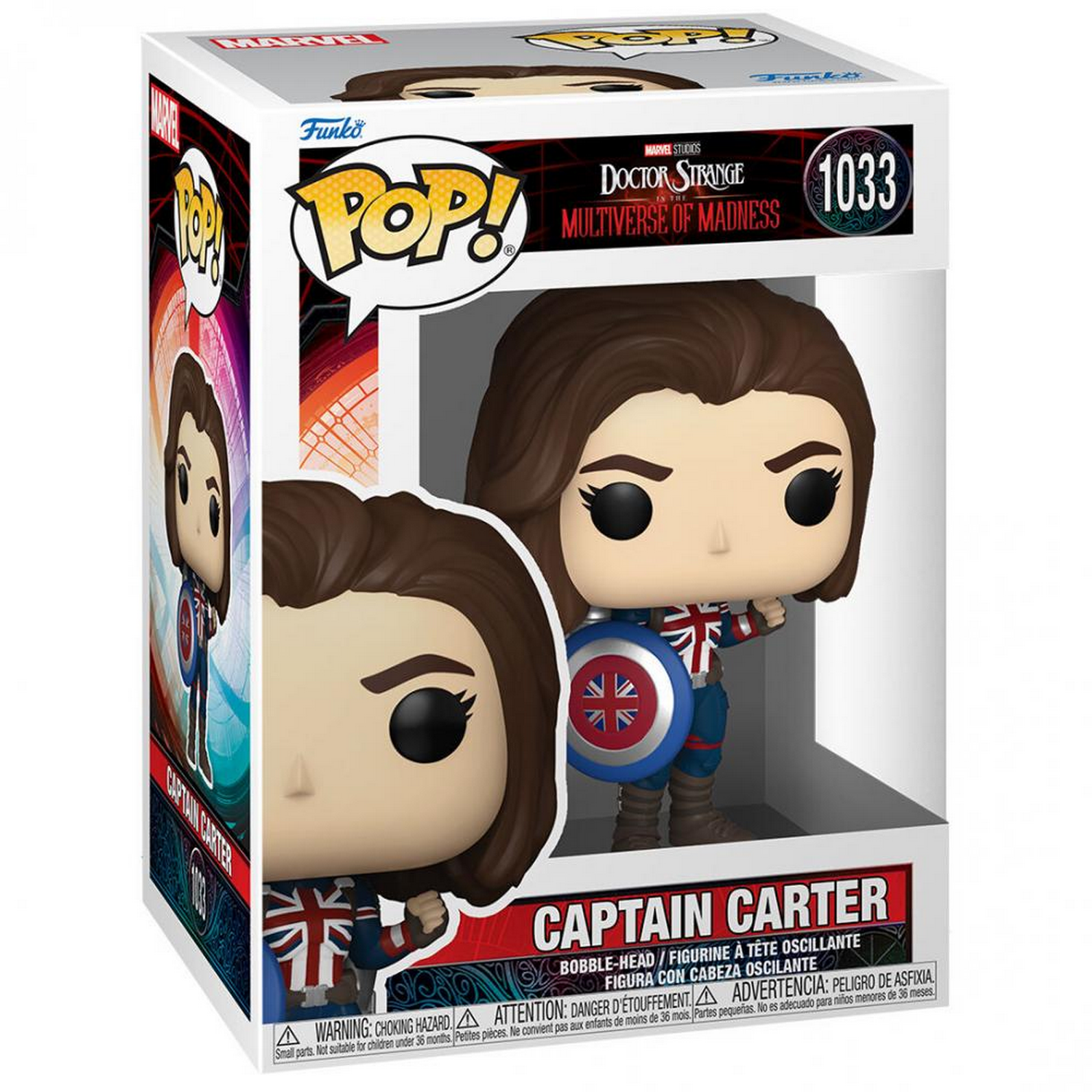 Una figura de Funko Pop de la Capitana Carter en una caja con el logotipo de Marvel Studios.