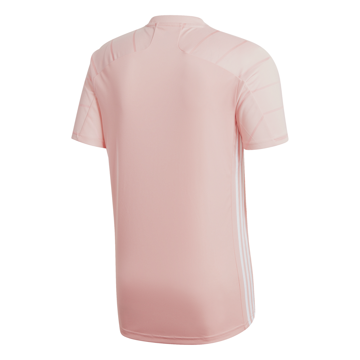 Vista posterior de una camiseta Adidas rosa con tres rayas blancas en el lateral. Fondo blanco.